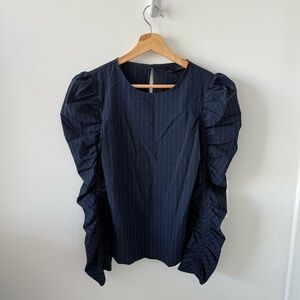 Zara Navy Pinstripe Blouse with Ruffled Sleeves